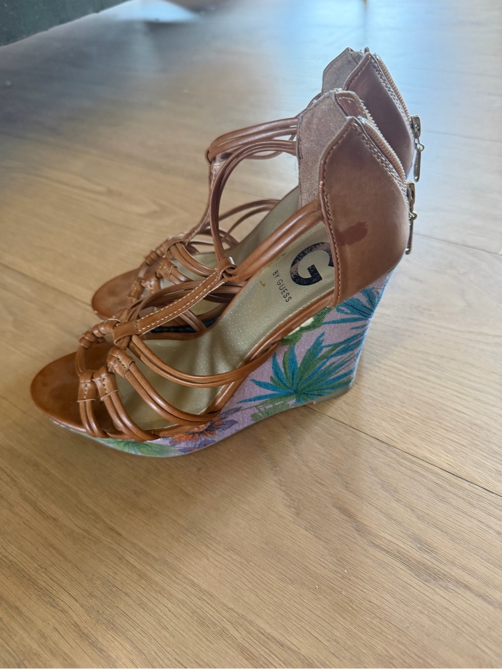 G by Guess Brown Strappy Wedge Sandals with Floral-Print Platform